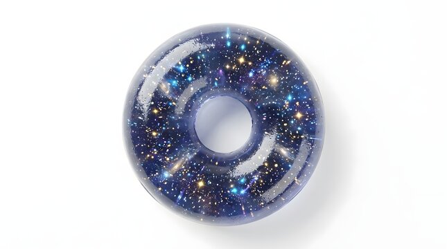 Glossy dark blue torus shape displaying a shimmering galaxy pattern for creative branding applications, studio isolated on white.