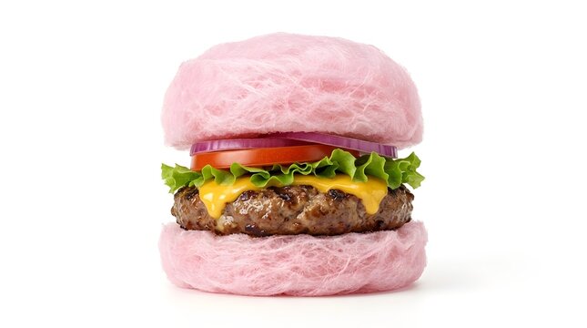 A delicious beef cheeseburger featuring a unique fluffy pink cotton candy bun served with fresh lettuce tomato and sliced red onion isolated on a bright white studio background surface.
