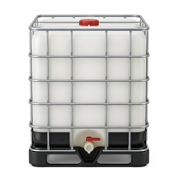 Large plastic water tank container with metal frame cage for industrial liquid storage and transport. ibc container