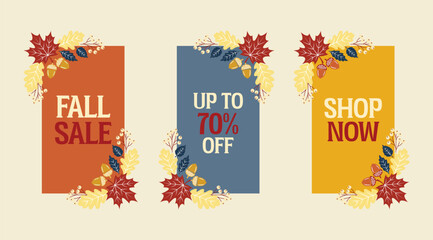 Fall autumn season sale discount vertical banners vector template set, flat retro terracotta blue and yellow layouts with maple oak leaves branches and acorn nuts © MdImran