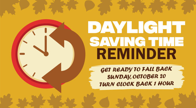 Daylight saving time reminder fall back vector banner illustration, flat mustard yellow template with analog clock backward arrow and dry autumn leaves borders