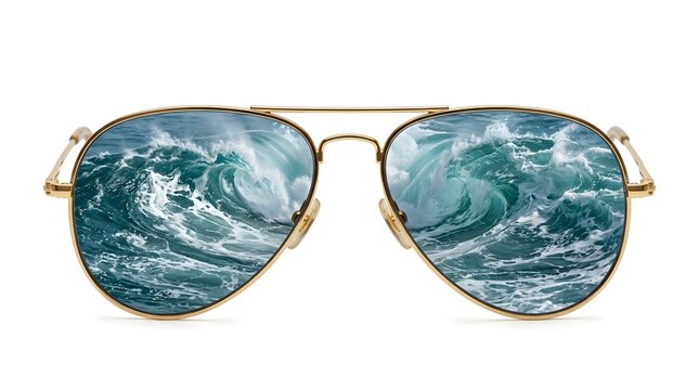 Stylish gold-framed aviator sunglasses vividly reflecting a powerful foamy ocean wave, isolated on a bright white backdrop for dynamic design concepts.