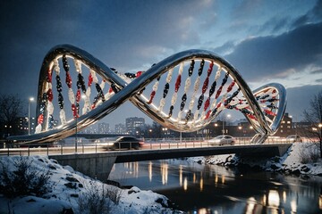 Fototapeta premium Illuminated DNA Helix Bridge at Night Winter Landscape Architecture