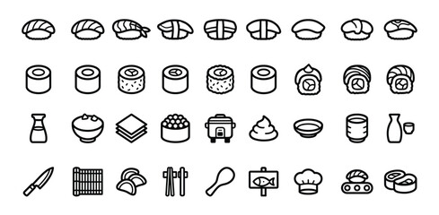 Sushi line icons set. Nigiri, maki, sashimi, temaki, gunkan, soy sauce, rice, nori, chopsticks, rice cooker, and Japanese cuisine. Editable stroke. © Graphics Store 28