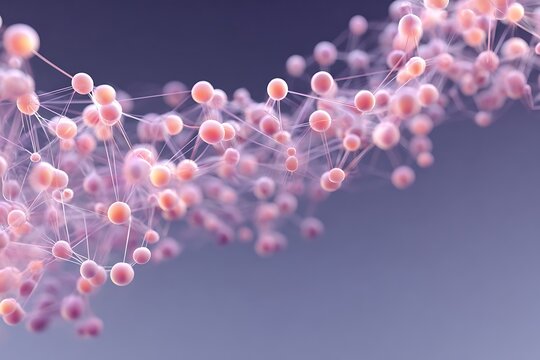 Abstract 3D scientific visualization of pink molecular structures and interconnected nodes floating in a soft purple atmospheric space.