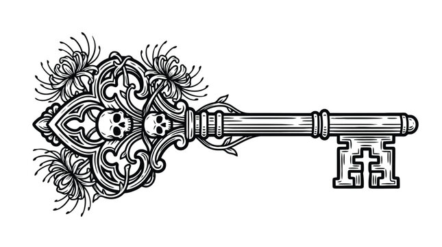 Ornate key lock emblem with floral filigree gearwork vector illustration.