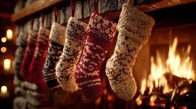 cheerful Christmas stockings hung by a roaring fire,