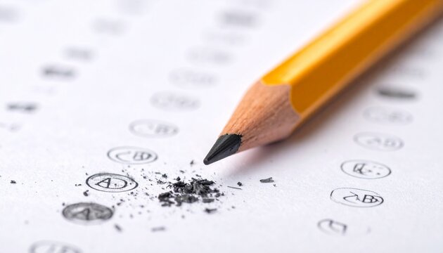 Close Up of Yellow Graphite Pencil on Bubble Form Answer Sheet Paper