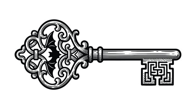 Ornate key vector illustration decorative filigree patterned teeth for security.