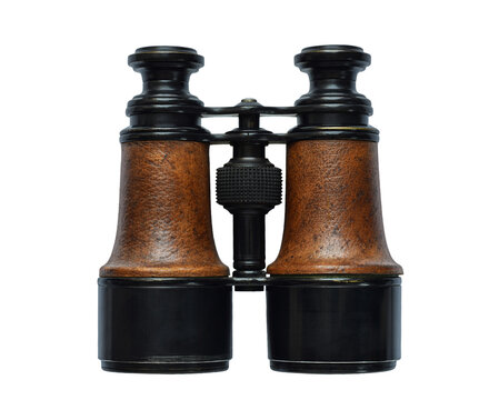 Front view of vintage field binocular with brown leather barrel and black metal focus wheel isolated on transparent background