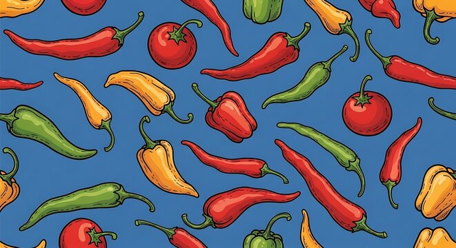 A vibrant pattern of various colorful peppers and tomatoes on a blue background