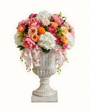 Large colorful floral arrangement in a classic urn for elegant event decor, isolated on white background