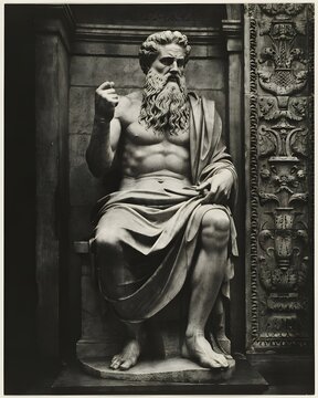 Classical marble statue of a bearded man seated in an architectural niche, ancient art history