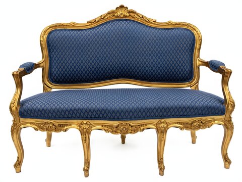Ornate antique loveseat with gold frame and blue upholstery for luxury decor and furniture catalog, isolated on white background