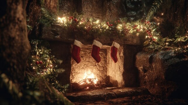 cheerful fireplace with stockings in a magical forest,
