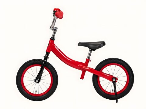 Red balance bike for kids learning to ride and outdoor play, isolated on white background