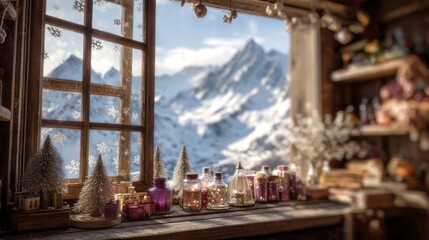 Fototapeta premium cheerful festive window display on a mountain top,