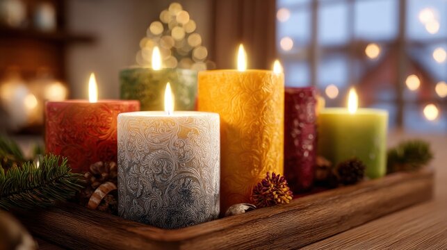 cheerful holiday candles lit in a decorated living room,