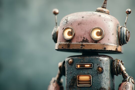 A charming vintage robot with glowing yellow eyes and a weathered pink and teal metallic body stands alone.