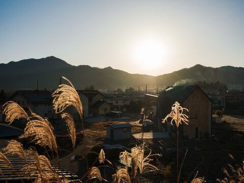 Japanese mountain village at sunrise 