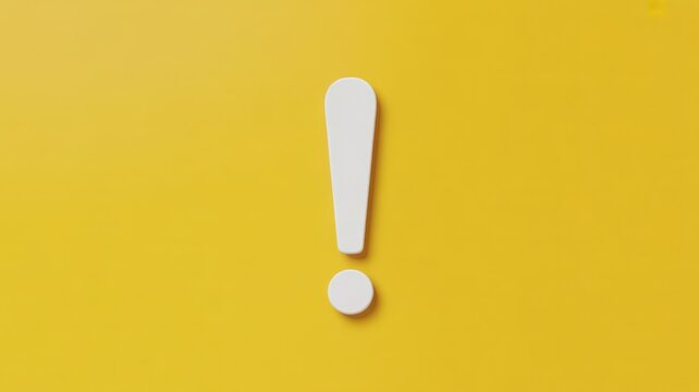 White 3D exclamation mark icon on a solid yellow background, warning or alert concept