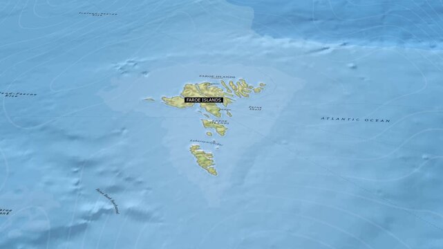 Faroe Islands Location Highlighted on Atlantic Ocean Floor Topographic Map Animation