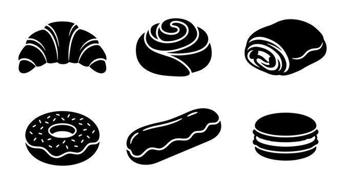 Six Black Pastry Icons: Croissant, Cinnamon Roll, Pain au Chocolat, Donut, Eclair, Macaron Vector Set