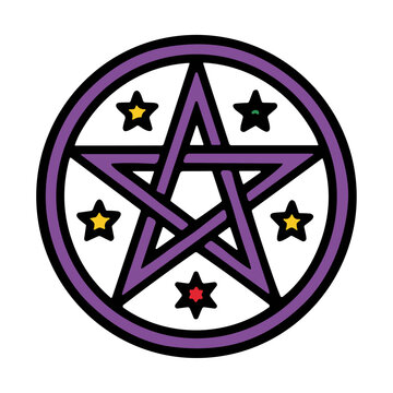 A purple pentagram symbol surrounded by small colorful stars on a white background.