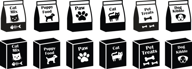Pet food package flat icon set. Cat and dog kibble bag cardboard box vector, nutrition treats shop supply sign, animal dry feed pouch silhouette for veterinary care isolated on transparent background. © M