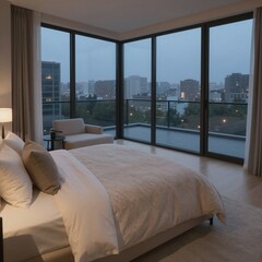 Obraz premium Spacious master bedroom with panoramic city views at dusk
