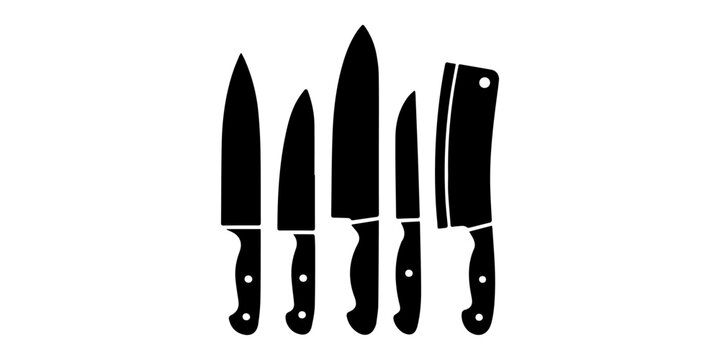 Set of diverse knife silhouettes including kitchen chef knives, hunting blades, and tactical combat weapons, Black Silhouette of various kitchen knives design  on white background. 