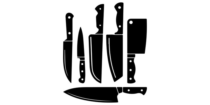 Set of diverse knife silhouettes including kitchen chef knives, hunting blades, and tactical combat weapons, Black Silhouette of various kitchen knives design  on white background. 