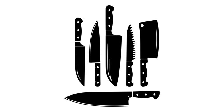 Set of diverse knife silhouettes including kitchen chef knives, hunting blades, and tactical combat weapons, Black Silhouette of various kitchen knives design  on white background. 