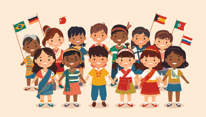 Diverse group of children from different countries holding hands, celebrating global unity and friendship with flags in the background.