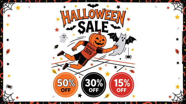 Halloween sale banner with pumpkin head athlete tackling ghost, kabaddi sports action discount promotion for sports retail marketing