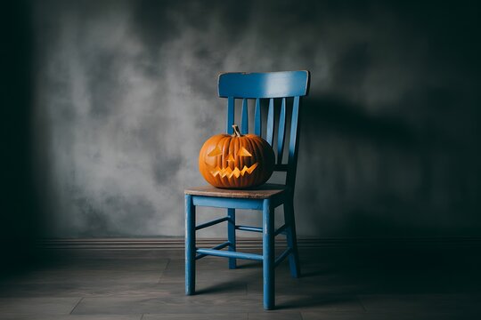 Carved pumpkin on vintage chair with spooky halloween atmosphere