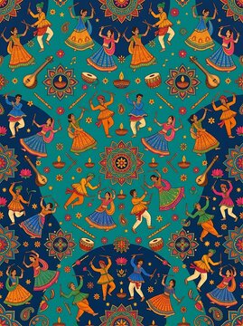 Indian folk dancers performing dandiya ras during navratri festival