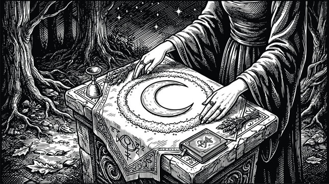 Mystic hands over magic book with glowing sigil vector illustration.