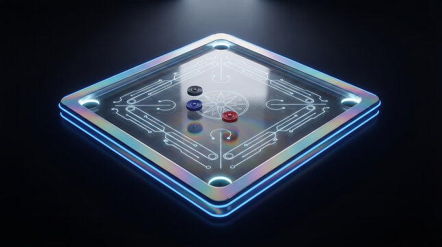 A digital illustration of a futuristic electronic carrom board with holographic pieces.