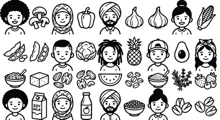 Gardening line art icons set, 15 black and white farmer characters, people planting and harvesting vegetables, greenhouse and farm life vector illustrations © Sidra