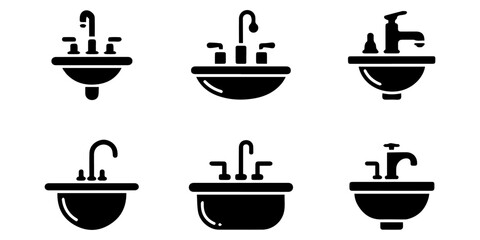 bathroom sink icons with various faucet and countertop configurations in black silhouette on white background. Black Silhouette icons of sink with faucet basin tap plumbing on white background © SujetaRani