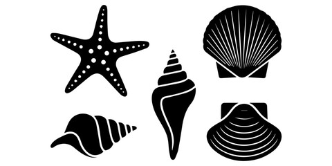 Collection of diverse marine elements featuring beautiful seashells starfish sand dollars and delicate coral in black shapes and soft pastel peach colors for summer beach ocean themes. Black design © SujetaRani