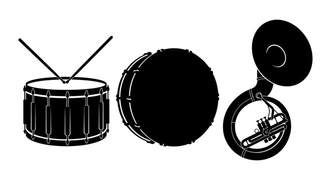 Black silhouettes of musical instruments on white background with silhouettes snare drum drum drumsticks bass french horn white graphic symbol