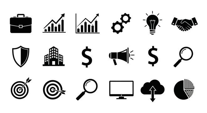 Business icons for finance marketing with magnifying glass collection black pie chart briefcase megaphone lightbulb handshake computer with symbols