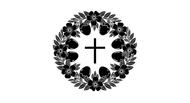 Easter wreath with eggs with cross white background flowers cross black easter christianity celebration decorative religion holiday graphic with symbol