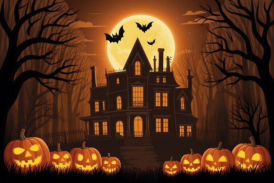 Spooky halloween scene haunted mansion with jack o' lanterns and bats