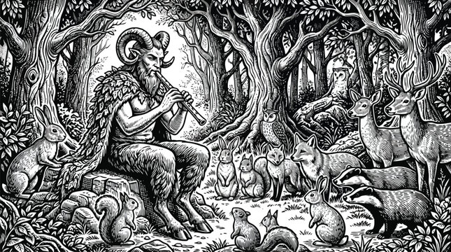 Mythical faun in enchanted forest line art engraving vector illustration.