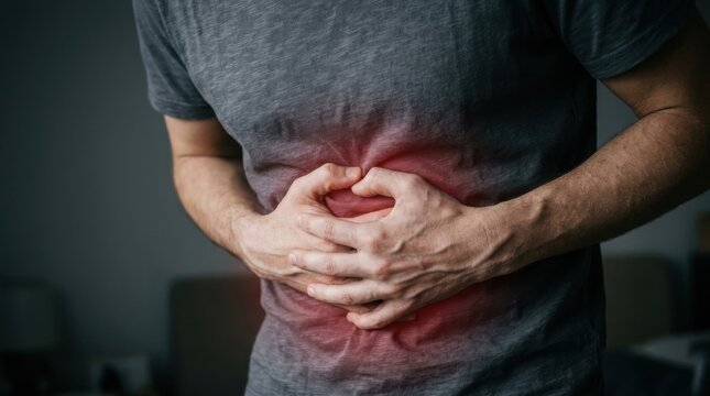 Man suffering from severe abdominal pain, stomach ache or digestive issues