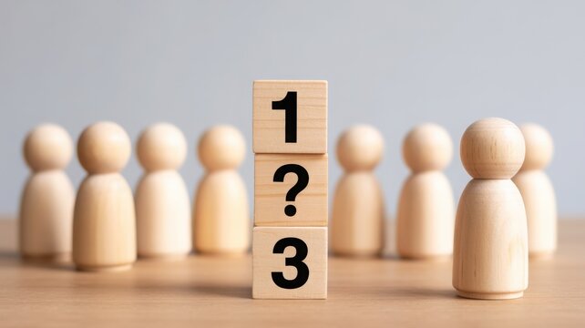 Wooden blocks with numbers 1 and 3 and a question mark amongst wooden peg dolls on a grey background