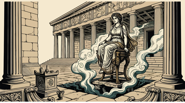 Mythical statue with tentacle waves inside classical temple vector illustration.